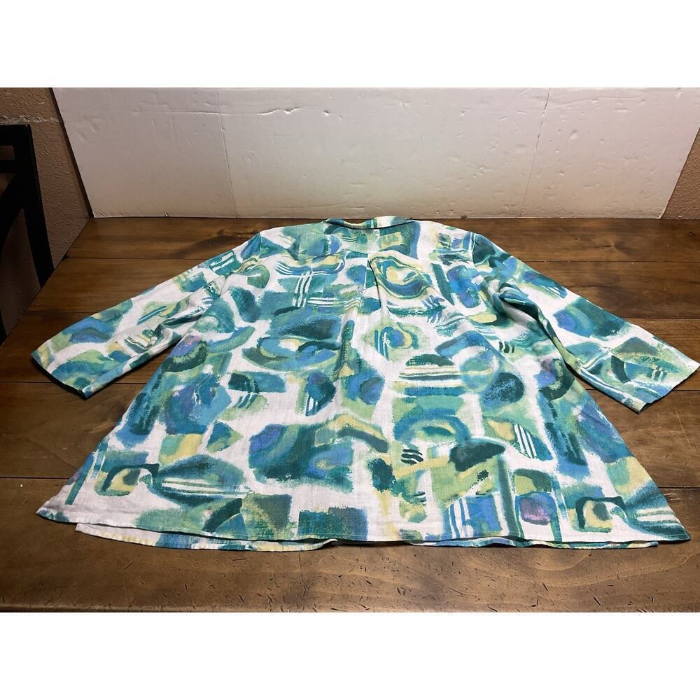 Ali Miles Button Front Tunic Top Linen Blend Blue Green Watercolor Abstract Sz L - Picture 9 of 10